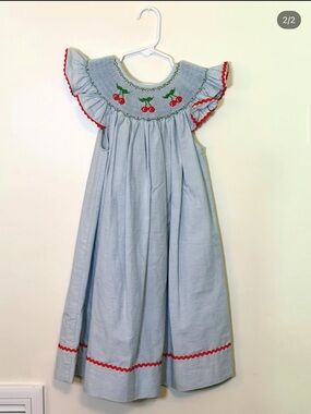 Marco and Lizzy Blue Striped Smocked Cherry Dress with Red Trim
